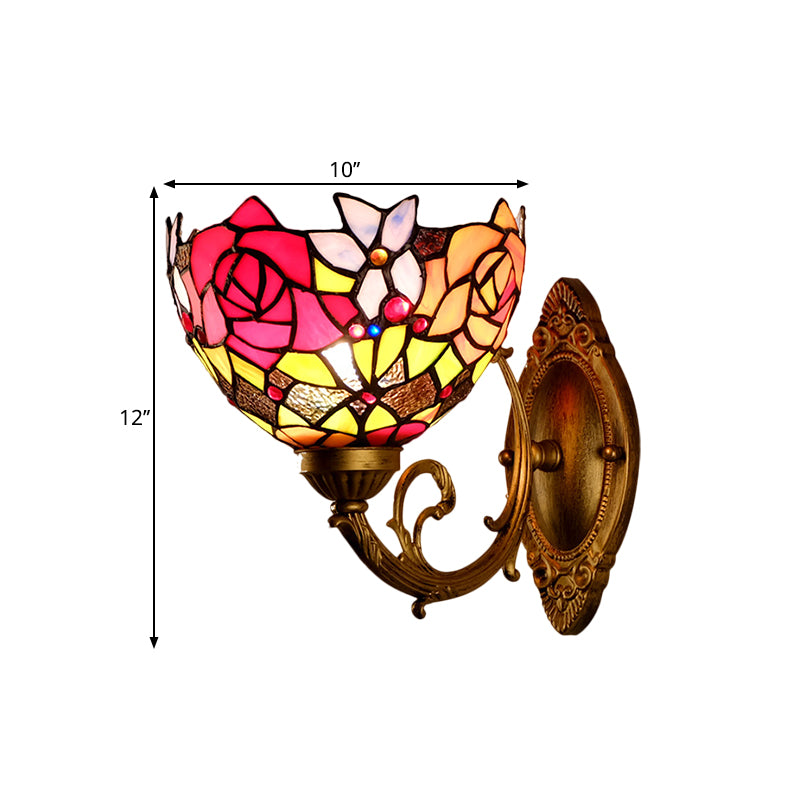 Gold 1 Head Wall Lighting Ideas Victorian Stained Glass Bowl Shade Wall Mount Light Fixture with Petal Pattern