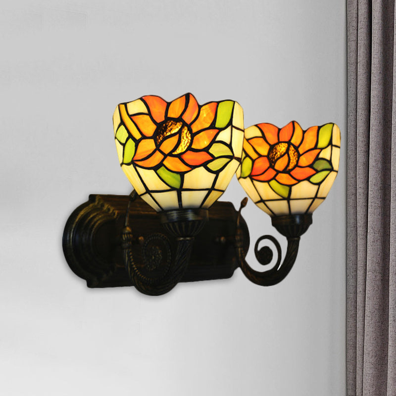 Sunflower Stained Glass Wall Light Tiffany 2 Lights Brass Wall Sconce with Domed Shade for Bedroom