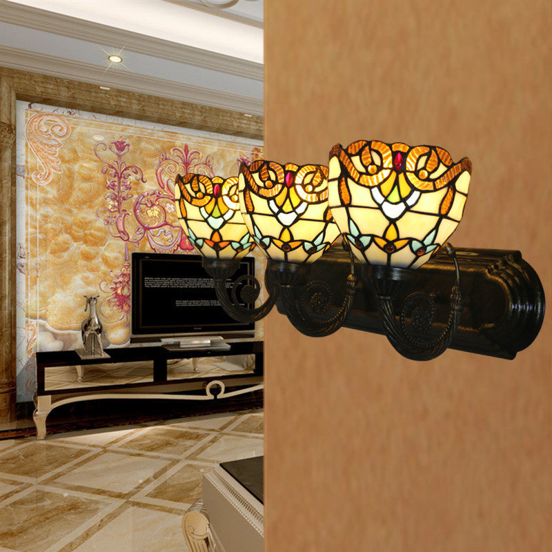 Stained Glass Brass Wall Lamp Scalloped Dome 3 Heads Tiffany Wall Mounted Lighting for Corridor