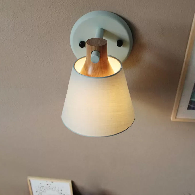 Barrel Fabric Wall Mount Light Rural Style 1 Bulb Yellow/Blue/Green Wall Lighting Ideas with Wooden Top