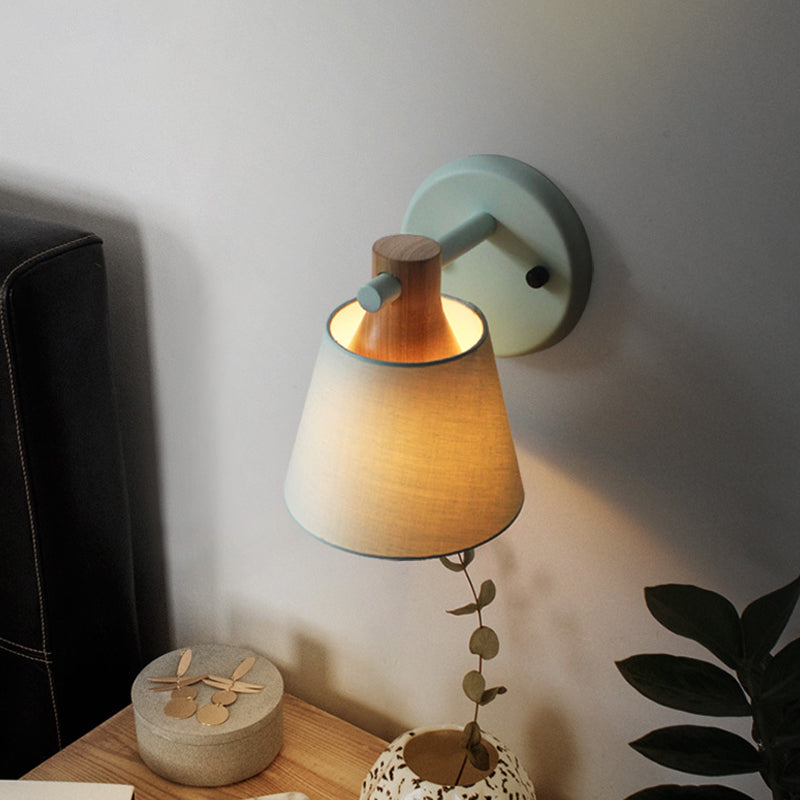 Barrel Fabric Wall Mount Light Rural Style 1 Bulb Yellow/Blue/Green Wall Lighting Ideas with Wooden Top