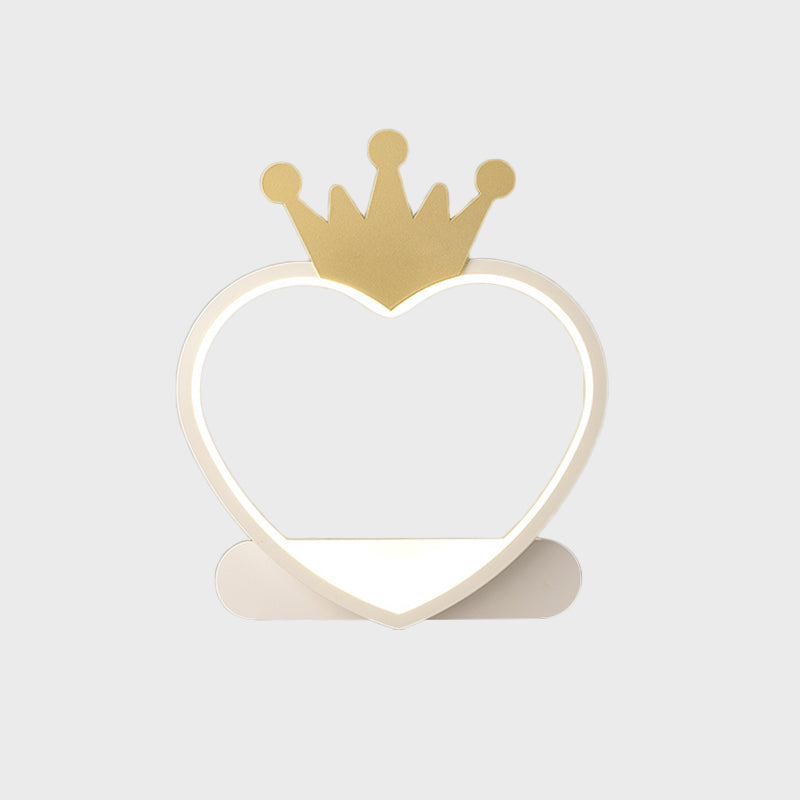 Cartoon Heart Wall Sconce Lighting Acrylic LED Nursery Wall Mount Lamp with Gold/Pink Crown Design
