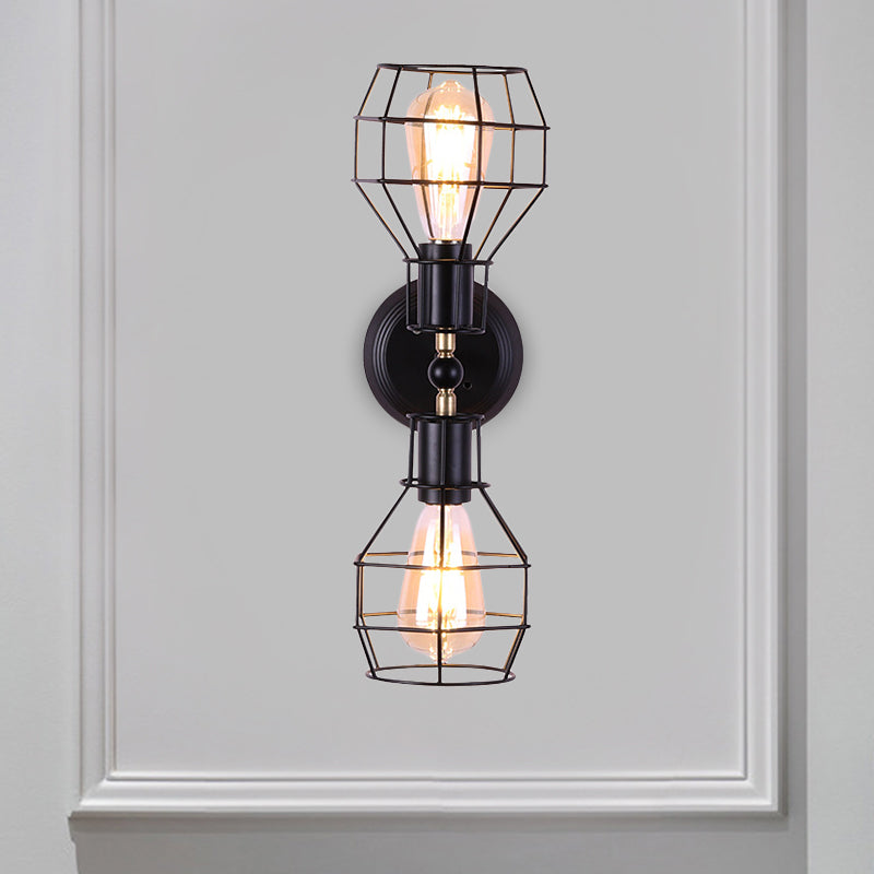 2 Heads Metal Wall Lighting Fixture Industrial Black Torpedo Cage Study Room Wall Mount Light