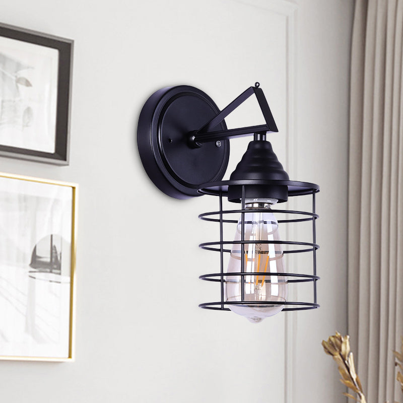 Metal Cylindrical Frame Wall Light Farmhouse 1 Bulb Dining Room Wall Mounted Lamp in Black