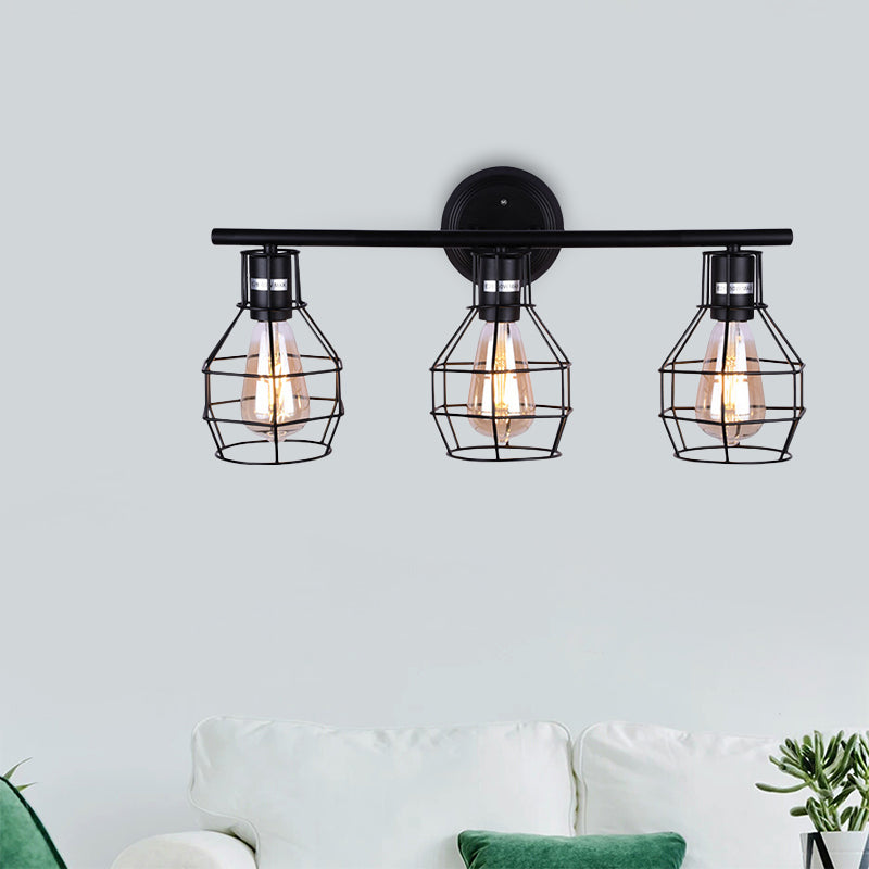 Industrial Torpedo Cage Wall Lamp 3 Lights Metallic Wall Lighting Fixture in Black