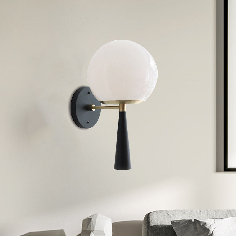 White Glass Globe Wall Light Fixture Post Modern 1-Bulb Black Wall Mount Lamp for Bedroom