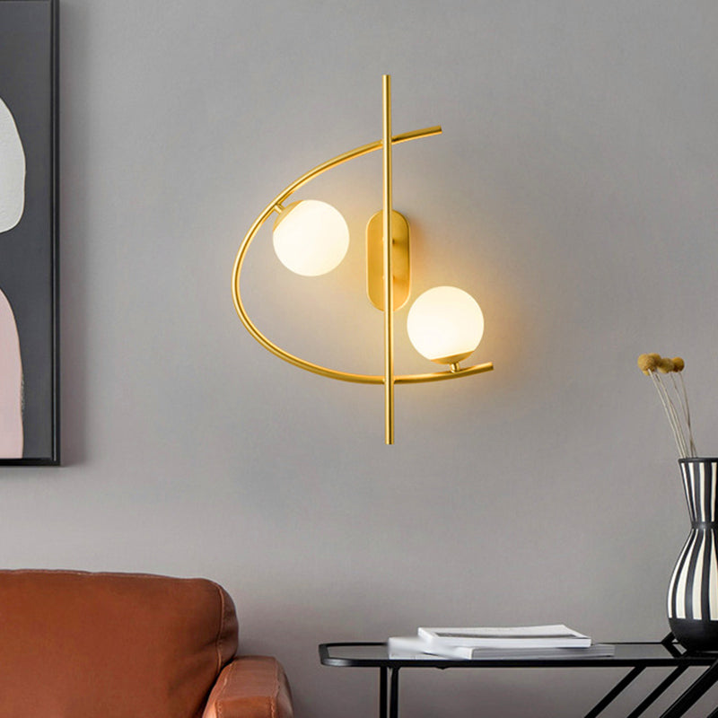 Milk Glass Ball LED Wall Lighting Post Modernist 2-Bulb Brass Wall Sconce Light for Living Room
