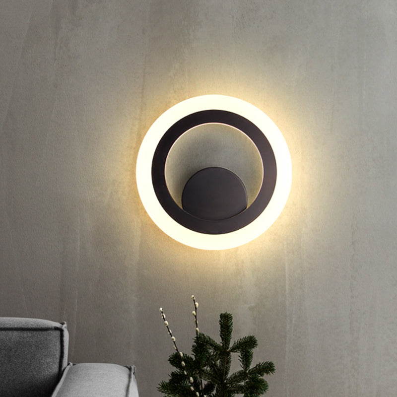 Round Bedroom Wall Sconce Light Metal LED Contemporary Wall Mounted Lamp in Black, Warm/White Light