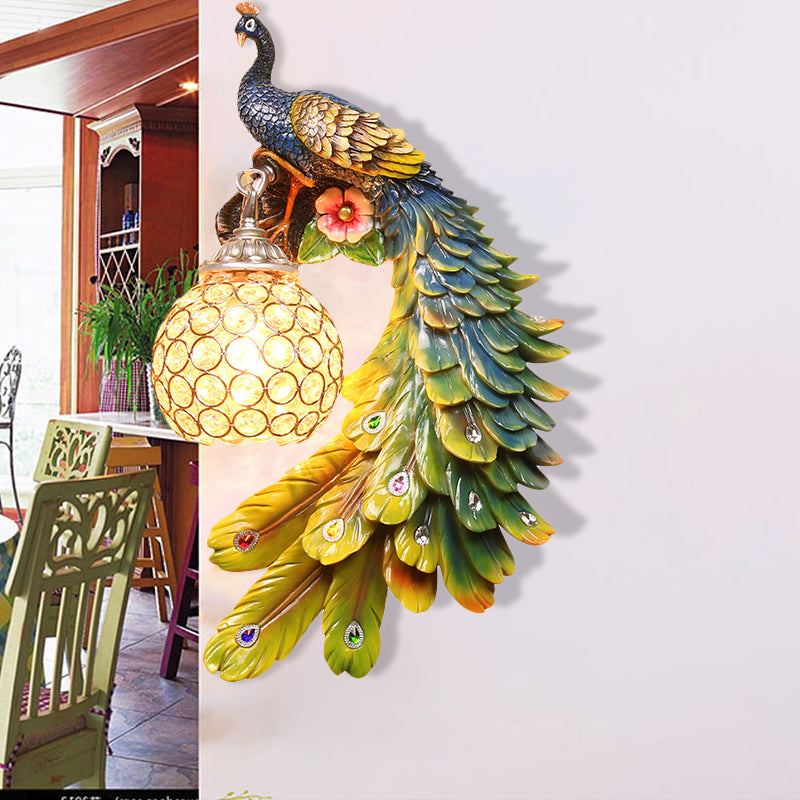Cotta de pared de pavo real un solo cabeza Cottage White/Red/Blue Resin Wall Lighture con sombra de cristal K9 transparente, izquierda/derecha