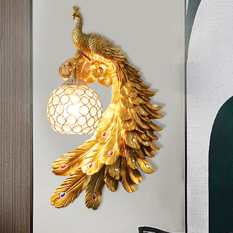 Cotta de pared de pavo real un solo cabeza Cottage White/Red/Blue Resin Wall Lighture con sombra de cristal K9 transparente, izquierda/derecha