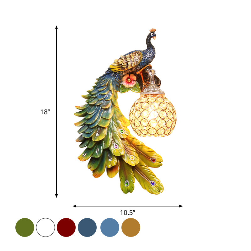Cotta de pared de pavo real un solo cabeza Cottage White/Red/Blue Resin Wall Lighture con sombra de cristal K9 transparente, izquierda/derecha
