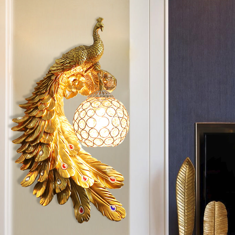 Cotta de pared de pavo real un solo cabeza Cottage White/Red/Blue Resin Wall Lighture con sombra de cristal K9 transparente, izquierda/derecha