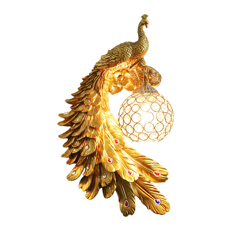 Cotta de pared de pavo real un solo cabeza Cottage White/Red/Blue Resin Wall Lighture con sombra de cristal K9 transparente, izquierda/derecha