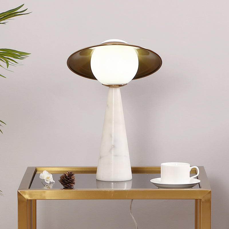 Gold Globe Task Lighting Simple 1-Light White Glass Night Table Lamp with Metallic Gong Design