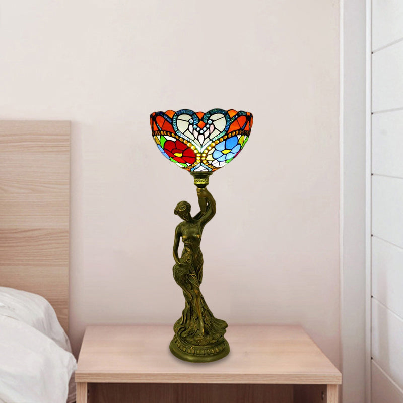 Bowl Table Lighting 1 Head Stained Glass Baroque Petal/Dragonfly Patterned Night Lamp in Brass with Resin Naked Woman Base
