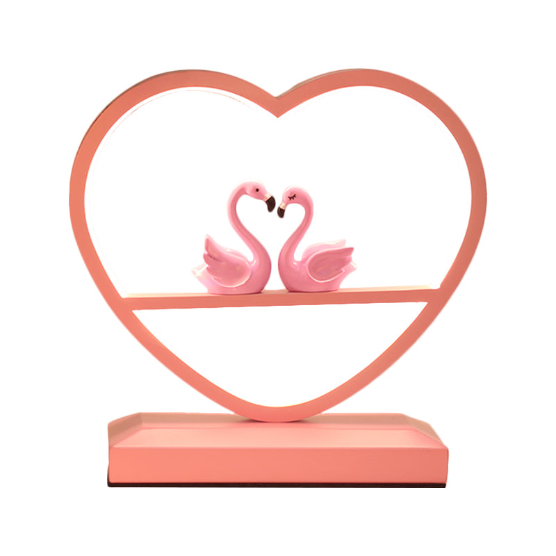 Nordic Loving Heart Night Lamp Metallic Sleeping Room LED Table Light with Swans Deco in Pink