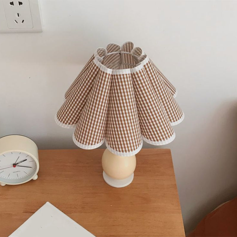 Nordic Flared Night Lamp Fabric 1-Bulb Bedside Table Lighting with Porcelain Gourd Base in Coffee/Beige