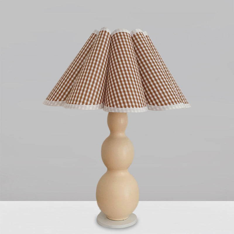 Nordic Flared Night Lamp Fabric 1-Bulb Bedside Table Lighting with Porcelain Gourd Base in Coffee/Beige