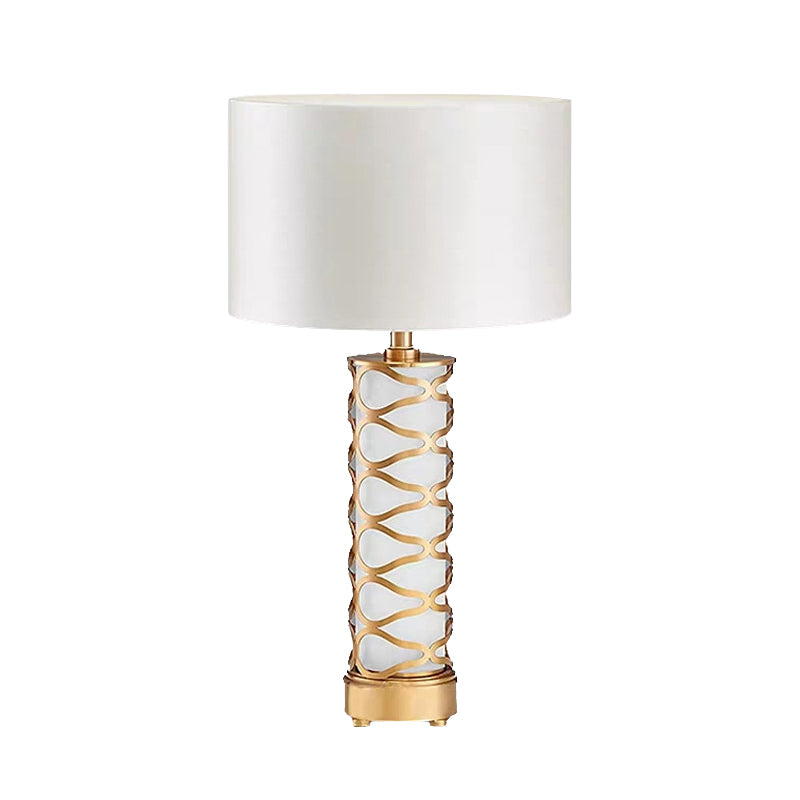 Drum Schlafzimmer Nachttisch Lampe Klassische Stoff 1-Kopf-weißer Schreibtisch Licht mit Zylinderbasis