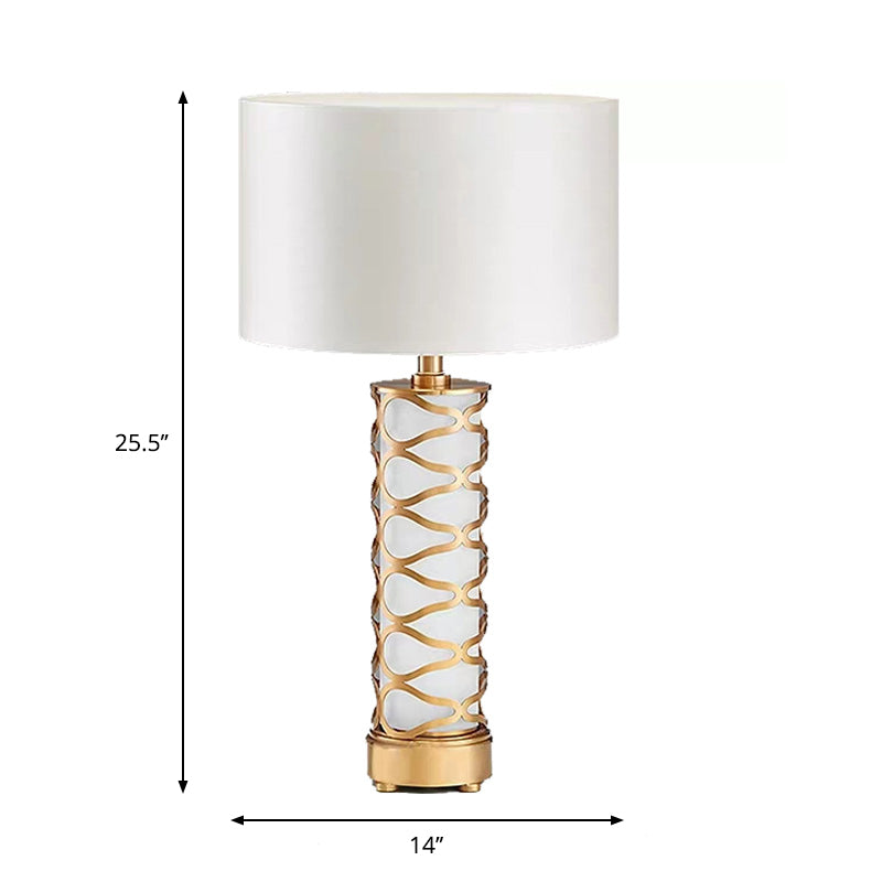 Drum Schlafzimmer Nachttisch Lampe Klassische Stoff 1-Kopf-weißer Schreibtisch Licht mit Zylinderbasis