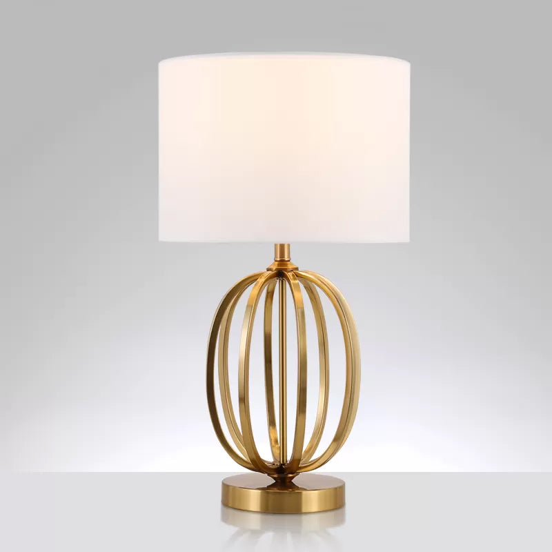 Fabric Drum Shade Night Light Vintage Single Bulb Parlor Table Lamp with Oval Frame Base in Gold