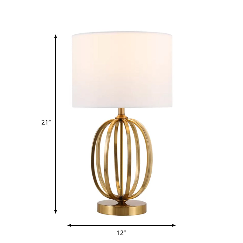 Fabric Drum Shade Night Light Vintage Single Bulb Parlor Table Lamp with Oval Frame Base in Gold