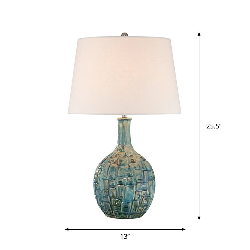 Éclair de table de chevet conique rural Lampe de table à teinte tissu 1-Bulb avec base de vase en bleu