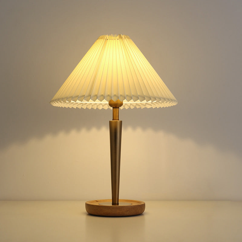 1-Head Night Table Lamp Countryside Conic Pleated Fabric Task Lighting with Wood Round Pedestal in Gold