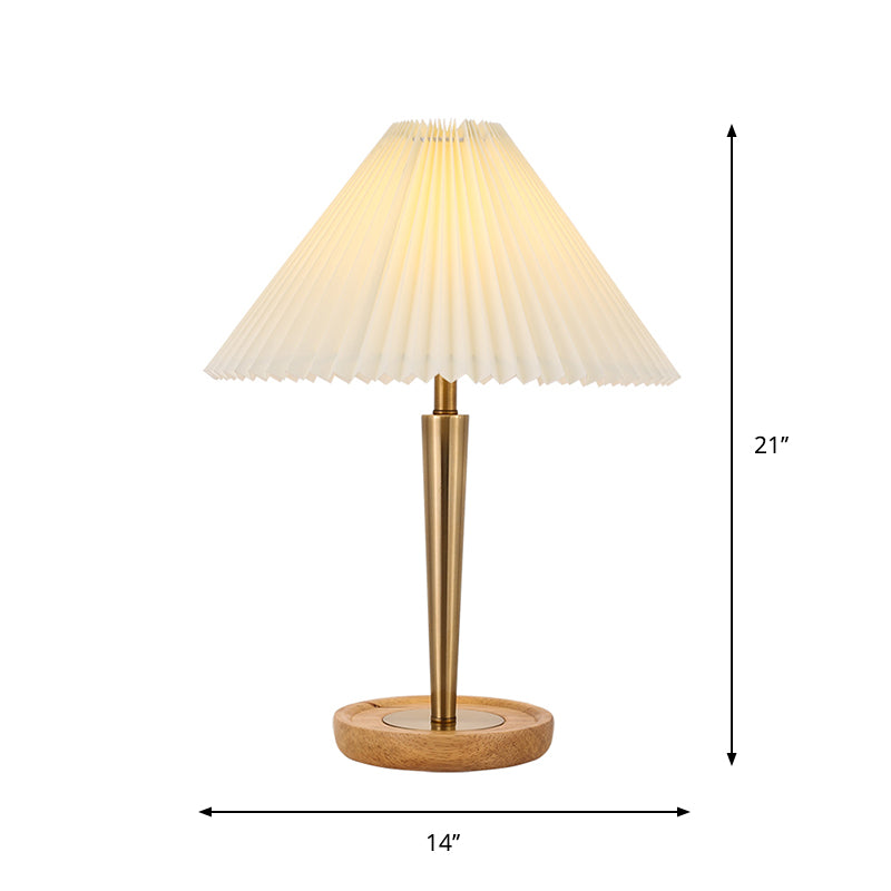 1-Head Night Table Lamp Countryside Conic Pleated Fabric Task Lighting with Wood Round Pedestal in Gold