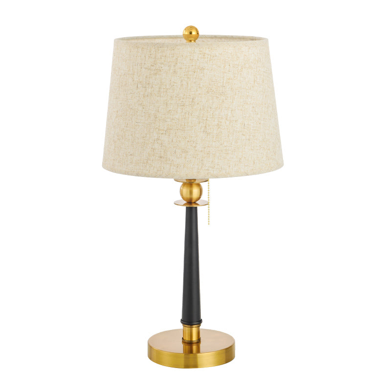1-Bulb Fabric Night Lighting Traditional Gold Barrel Bedside Table Light with Pull Chain