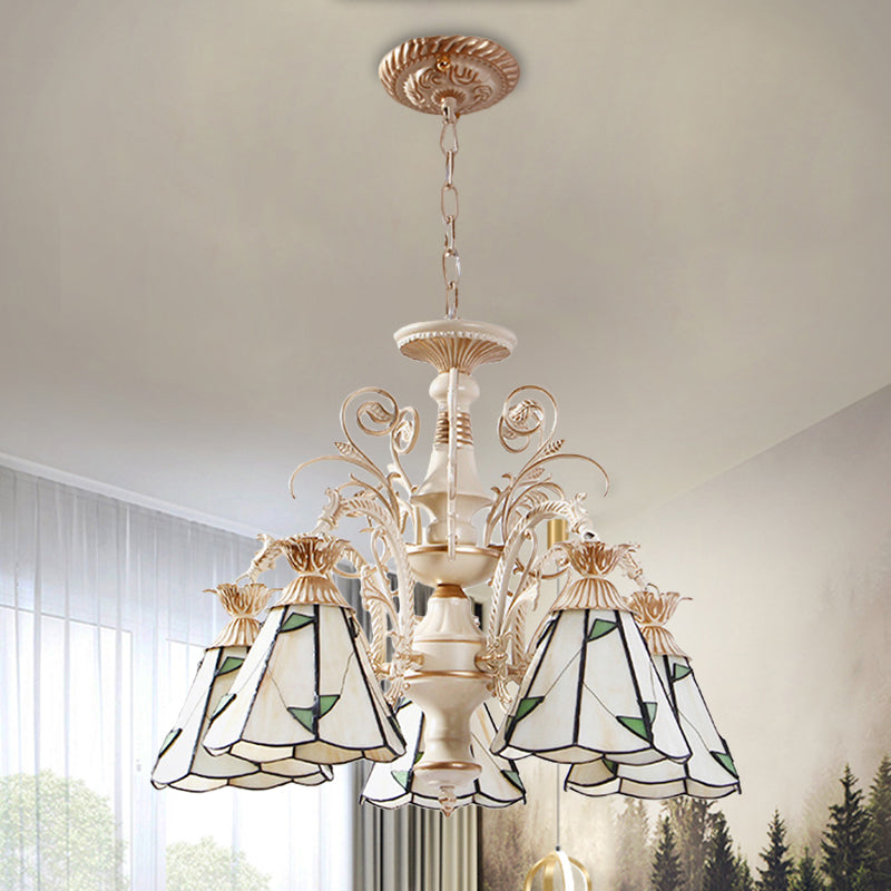 3/5-lichte conische hanger Kroonluchter Missie Wit gebrandschilderd glazen blad Patroon plafond Hang armatuur
