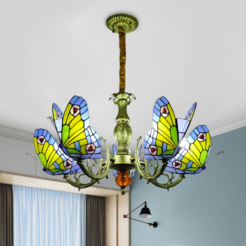 Butfly Taching Tloord Chandelier Lampe Tiffany 3/5 Bulbes Orange / Jaune et Green Suspension Lumière pour chambre à coucher