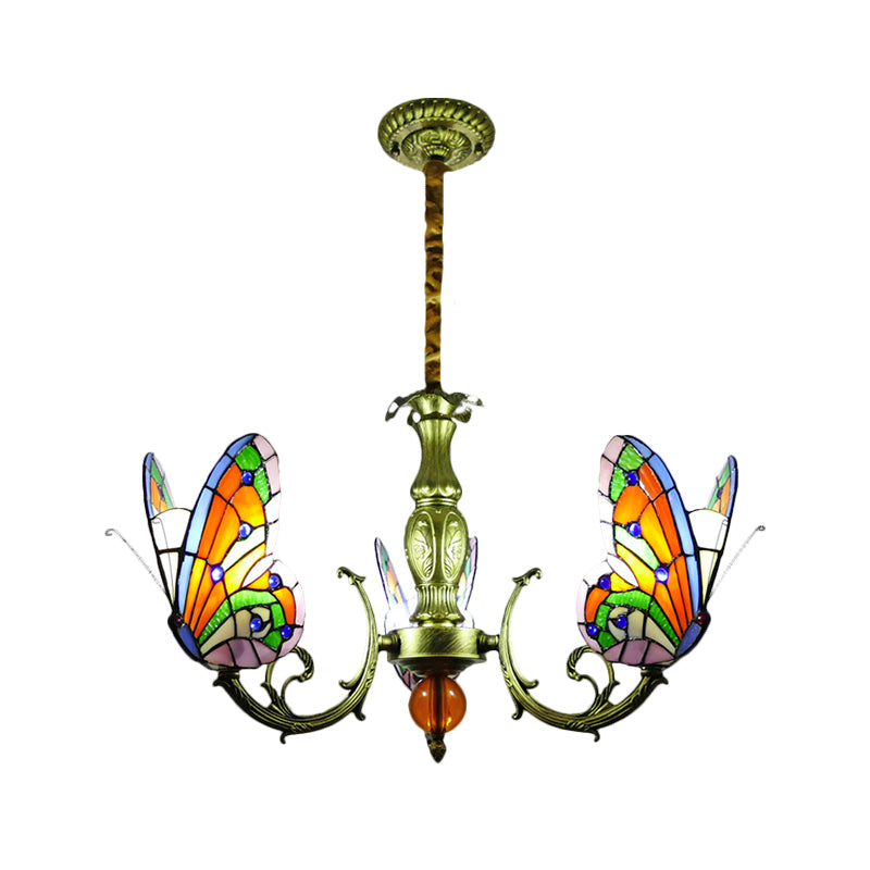 Butfly Taching Tloord Chandelier Lampe Tiffany 3/5 Bulbes Orange / Jaune et Green Suspension Lumière pour chambre à coucher