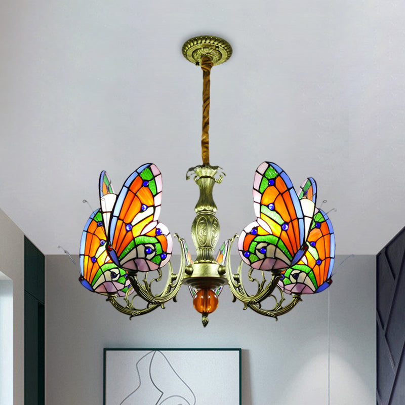 Butfly Taching Tloord Chandelier Lampe Tiffany 3/5 Bulbes Orange / Jaune et Green Suspension Lumière pour chambre à coucher