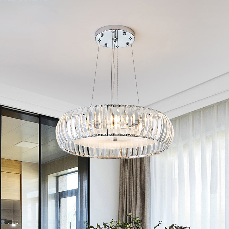 Simplicity LED Down Lighting Chrome Doughnut Hanging Chandelier with Crystal Prisms Shade