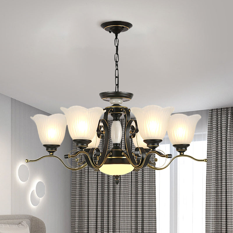 3/6 Heads Blossom Chandelier Lamp Traditional Black Opaline Glass Suspension Lighting with Scroll Arm