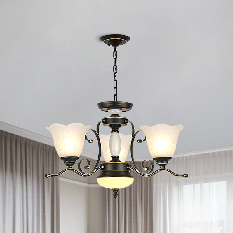 3/6 Heads Blossom Chandelier Lamp Traditional Black Opaline Glass Suspension Lighting with Scroll Arm