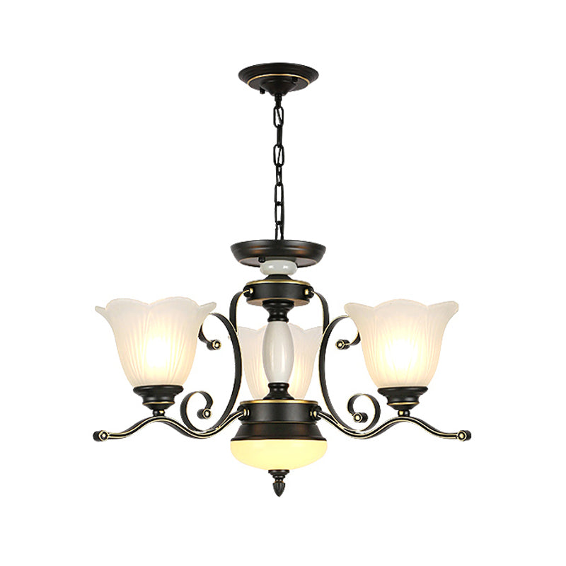 3/6 Heads Blossom Chandelier Lamp Traditional Black Opaline Glass Suspension Lighting with Scroll Arm