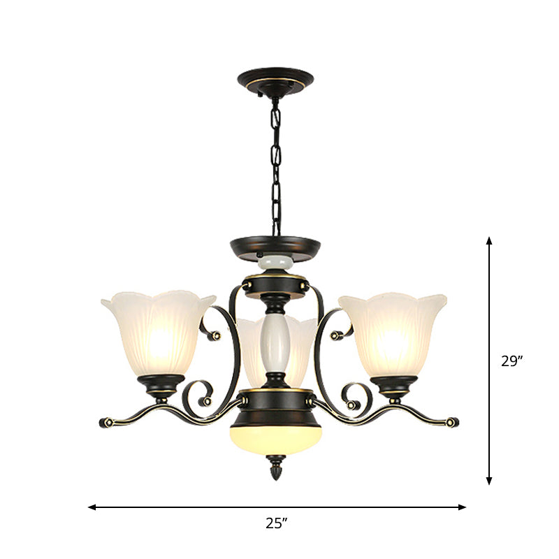 3/6 Heads Blossom Chandelier Lamp Traditional Black Opaline Glass Suspension Lighting with Scroll Arm