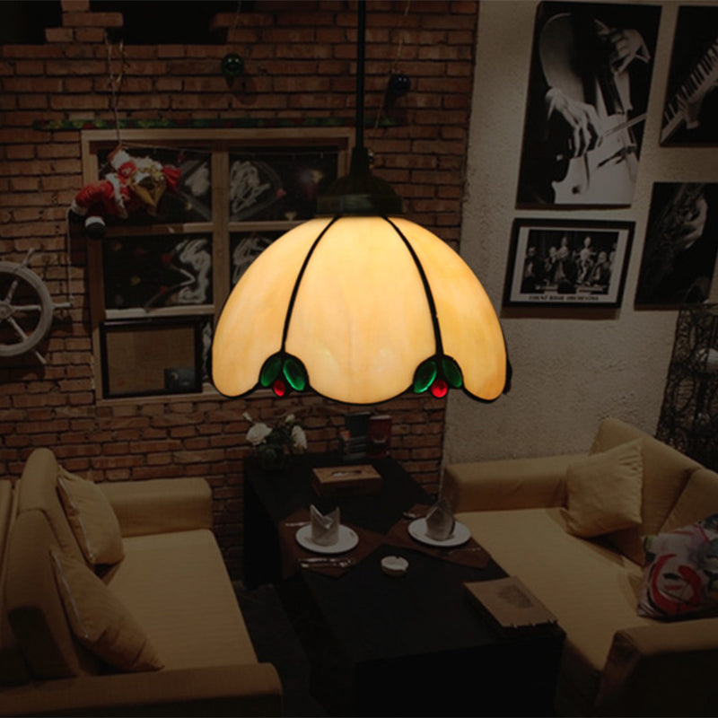 Domed Hanging Ceiling Light 1 Bulb White Glass Tiffany Style Suspension Lighting Fixture for Dining Room