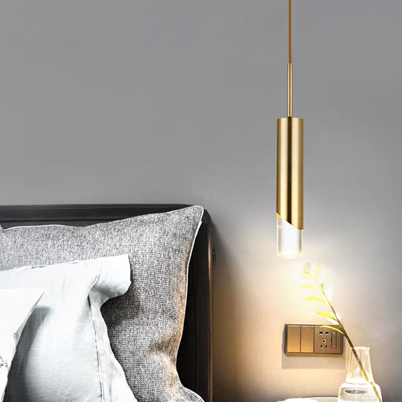 Tubular Suspension Pendant Modernist Metal 1 Bulb Bedroom Hanging Ceiling Light in Gold