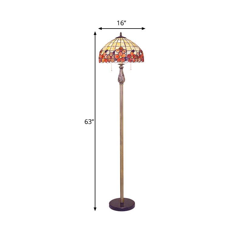 Shell Red Standing Floor Lamp Lattice Bowl 2 Lights Mediterranean Stand Up Light with Flower Pattern