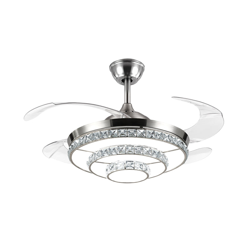 19 "W Modernismus LED Deckenventilator Lampe Silber 3-Tier Semi Flush Mount Light mit Kristallblockschatten, 4 Klingen