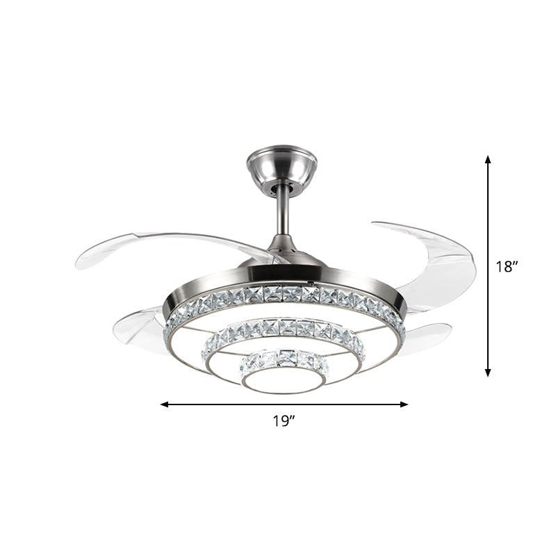 19 "W Modernismus LED Deckenventilator Lampe Silber 3-Tier Semi Flush Mount Light mit Kristallblockschatten, 4 Klingen