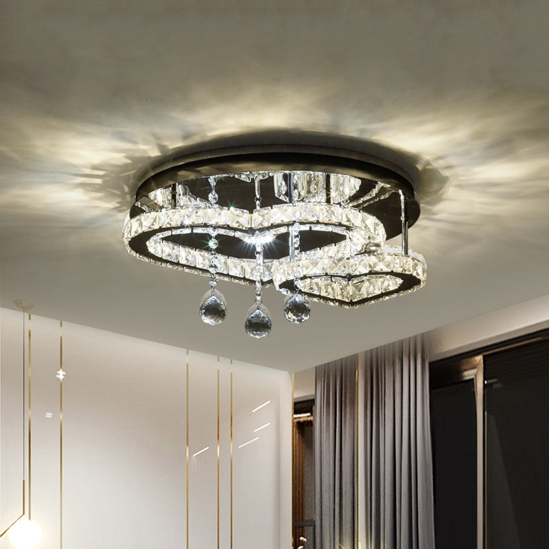 Contemporary Loving Heart Ceiling Lamp Crystal Block LED Bedroom Semi Flush Mount in Chrome