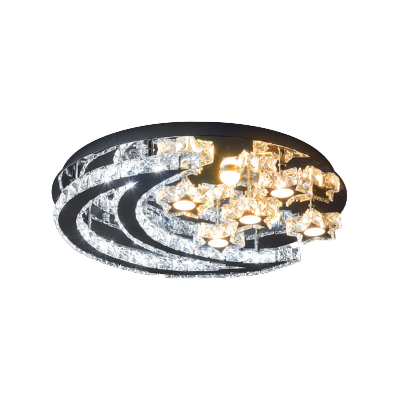 LED Great Room Semi Mount Lighting Modernism Chrome Ceiling Flush with Crescent and Star Crystal Shade