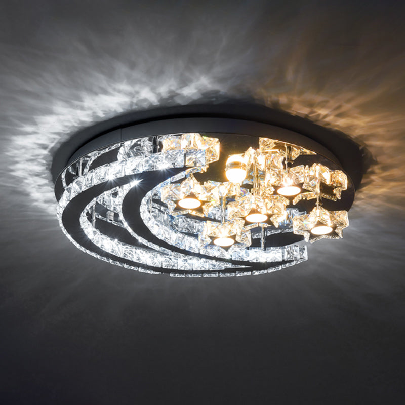LED Great Room Semi Mount Lighting Modernism Chrome Ceiling Flush with Crescent and Star Crystal Shade