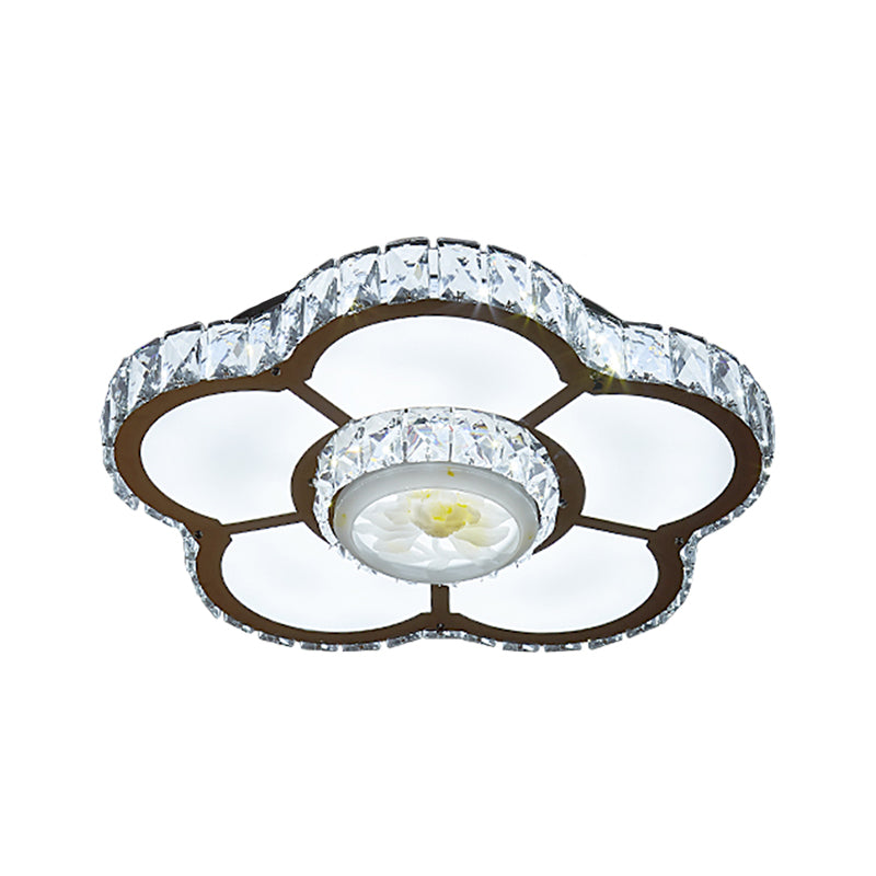 Simple LED Semi Flush Mount Light Chrome Flower Ceiling Lamp with Beveled Crystal Shade