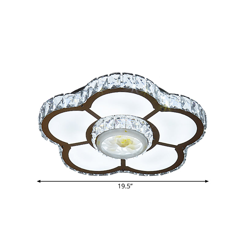 Simple LED Semi Flush Mount Light Chrome Flower Ceiling Lamp with Beveled Crystal Shade