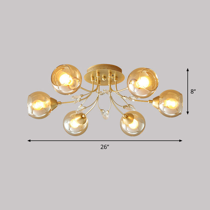 Amber Glass Ball Ceiling Flush Mount Modernist 6 Bulbs Gold Semi Flush Light with Teardrop Beveled Crystal Deco